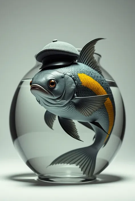 a manly grey fish with a long yellow stripe on its body wearing a cap swimming in a fish bowl