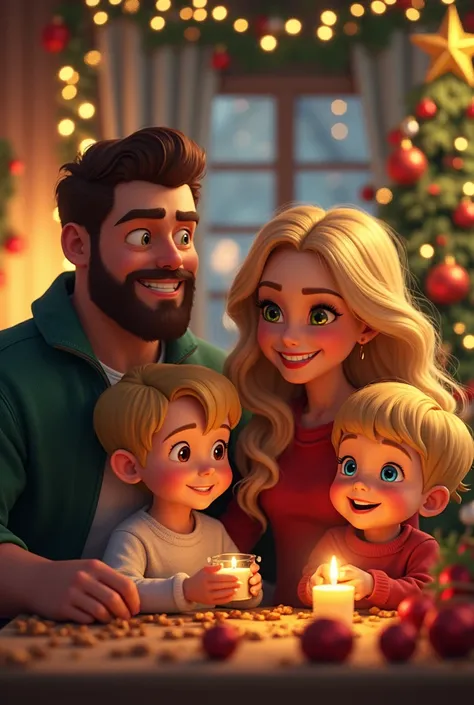 Christmas decor 
Dad strong build brown hair short beard short brown eyes 
Mom medium grande taille hair blond blue eyes
blond boys with brown eyes 
 brown hair brown eyes 