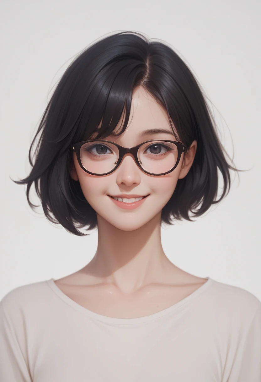 masterpiece,high quality,upper body,standing, 1 woman, black hair, short hair, black eyes,wearing glasses, front view, from the front, looking at viewer, no background, white background, shy smile, 