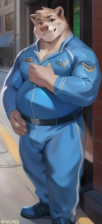 Solo, male Tall​, standing, street,pig otter ice pink​,blue military spacesuit, overweight, muscular, smirking, by chunie