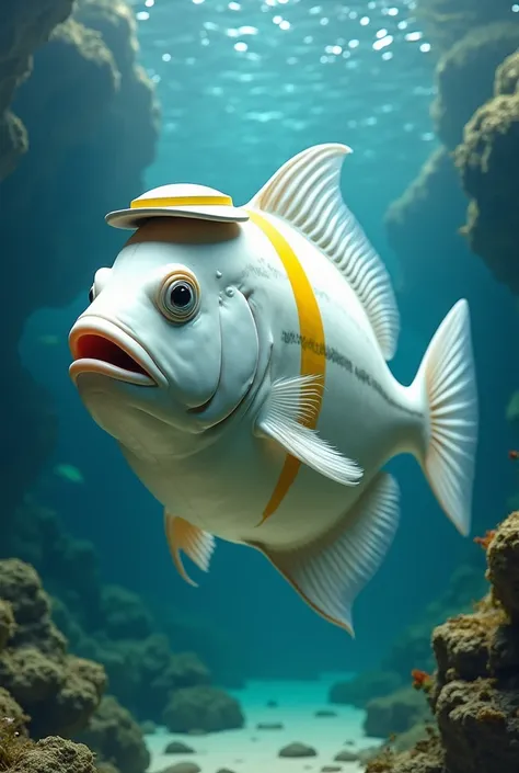 a manly white fish with a long yellow stripe on its body wearing a cap swimming in a big fish bowl