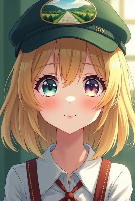 A blonde girl, Beautiful of German features ,  eyes crystalline greyish emerald amethyst , wearing a cap with a beautiful landscape, version anime