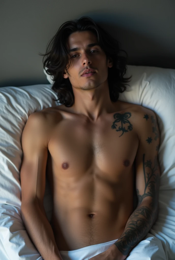  Totally naked man in bed, white sheets,  gray background wall ,  black cabello , dark eyes,  tanned skin,full body,  athletic body ,  medium long hair , body heavily tattooed, evening light,handsome, 19 YearsOnly ,  Looking at the spectator, Open mouth,  ...