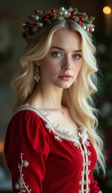 beautiful blonde girl in covered red christmas outfit