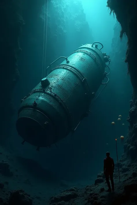 "A deep underwater scene of the Mariana Trench with immense water pressure crushing a metallic object, surrounded by darkness and rare deep-sea creatures glowing faintly."
