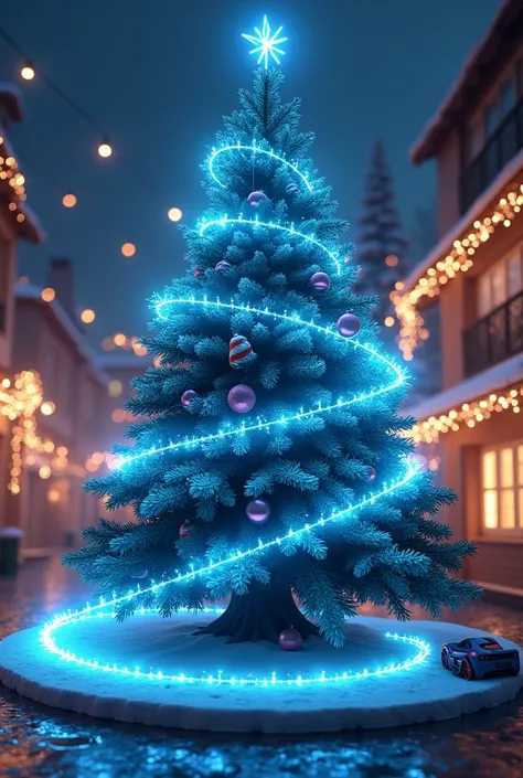 Christmas tree with illuminated blue race track