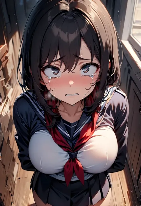 (  Masterpiece  ,   top quality:1.2), 1 girl, Alone,  expressive eyes, Crouch on the floor, ((Looking up)),  looking at the camera,  Female College Student,  Short Black Hair , ((( perfect face girl who wraps a neckerchief directly around her neck))), Big ...