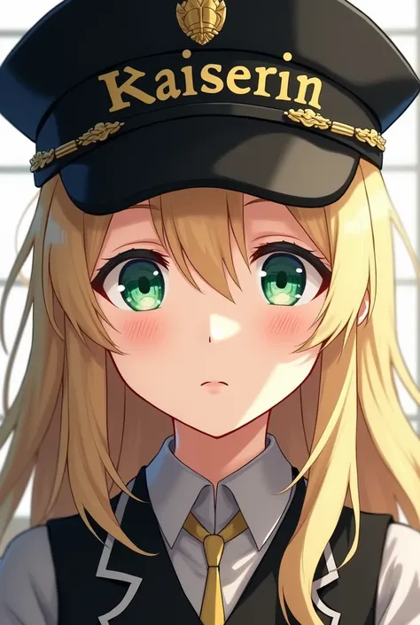 A blonde girl, Beautiful of German features , emerald greyish crystalline green eyes ,  wearing a black cap that has KAISERIN written on it, version anime