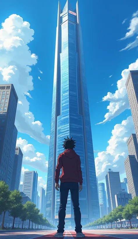 Haruto standing in front of a towering skyscraper with his name on it. The anime-style tower is ultra-modern, surrounded by a bustling, futuristic city. The scene captures the pinnacle of his success and achievement."