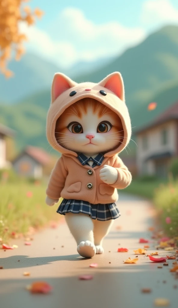  3D Cute Kitten Character 、  Cute Kigurumi Cat Costume in School Uniform、 Running　School Country 、  Background Blurred , shut up., 