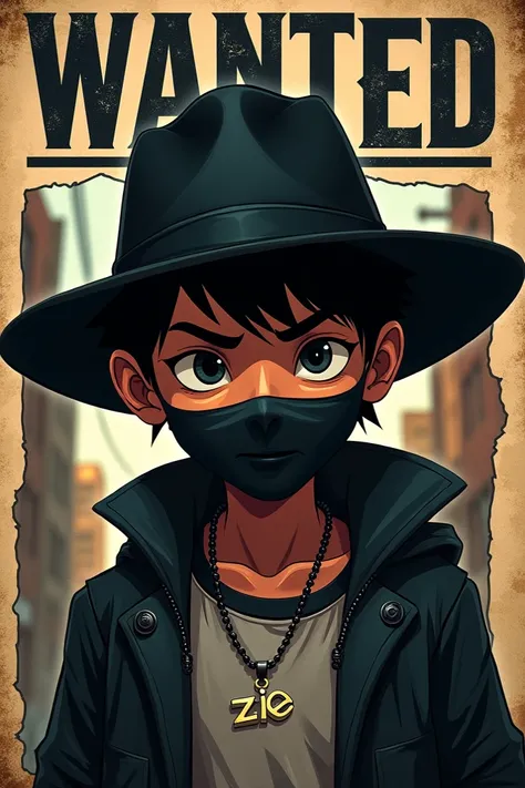 Most wanted background and a boy in the front and wearing a black hat and has a face mask and wearing a necklace that named Zie 