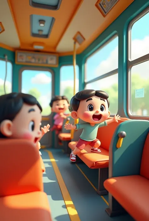 scene on bus cartoon style chibi 3d