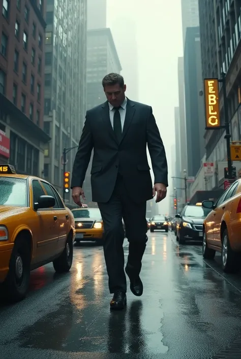 a giant man walking manhattan streets, cinematic