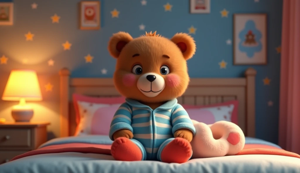  picture Baby bear with 1 soft brown fur ,  wearing cool blue and white pajamas , red socks .  Apartment with warm light from night lights star wallpaper. style: whimsical 3d pixar style 