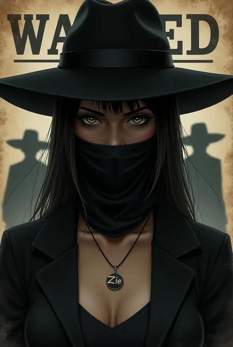 Most wanted background and a girl in the front and wearing a black hat and has a face mask and wearing a necklace that named Zie 