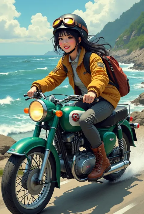 1 Japanese beauty ,  high definition ,  smiles, Messy black hair, shortcuts,  ride fishing tackle on a moped　 helmet 　Vintage goggles 　 flight jacket 　Thermal pants　 boots　sea　Breakwater　 pop art