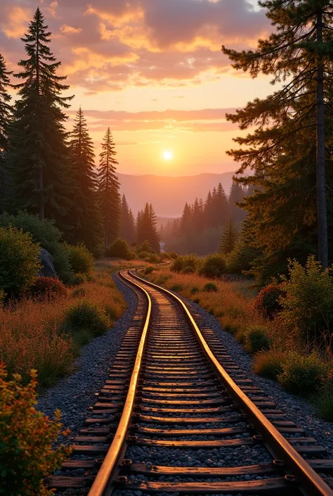 railroad, sunset and beautiful nature with blue sky in backgorund