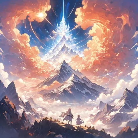 An angelic being without human affection, Creator of the Universe, myth, In the background of the image, Heavenly Mountain Scenario,  orange cloud .  The style of the image should be cartoonish , With powerful and impressive strokes, 登場人物にはmythや天使の要素が加わってい...