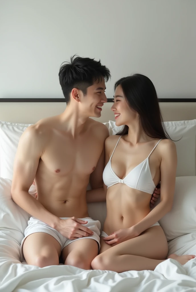 One handsome Korean man and one Thai woman, both white, take off their shirt, see their belly, white skin, wearing white shorts, no mustache, short hair, smiling, happy, sitting on the bed, white tones, in white bedroom, modern house