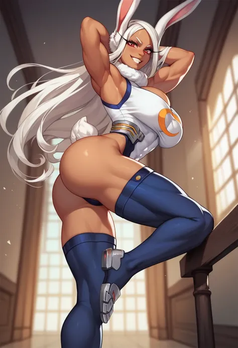 Miruko , big breasts, deep cleavage, big butt,  standing in a corridor, hands behind her head, bare butt, perfect eye pupils, front view, dark blue stockings, rabbit ears on top of her head, view from below her, lifting one leg, side view, view from her kn...