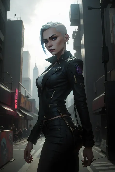 (Masterpiece:1.2, Best quality, cyberpunk), (real photo, Intricate details), (1lady, solo, Slender body, small breast,)，old face  Experiment with appearance：Shave your head or white barbershop style short thick hair color，Barbershop style, Quiff hairstyle,...