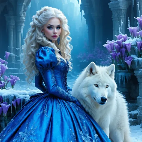 in the style of Josephine Wall, white wolf stands nearby on the ground с  beautiful winter dress of a rococo sorceress, blonde curly hair, winter white calla, frost, moonlight, ice palace in the background, mysticism, fantasy, Gothic, detailing, blue, pink...