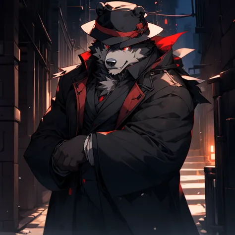 anthro bear,furry,a boy,solo,mature,coat,hat,black alley,ominous,gray fur,red eyes