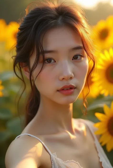 
Prompt : A dreamy, close-up selfie in a sunflower field, focusing tightly on the young thai woman’s face and shoulders. She wears a delicate, lace-trimmed camisole, the fabric lightly textured and soft. Her phone is tilted at an angle, capturing the blurr...