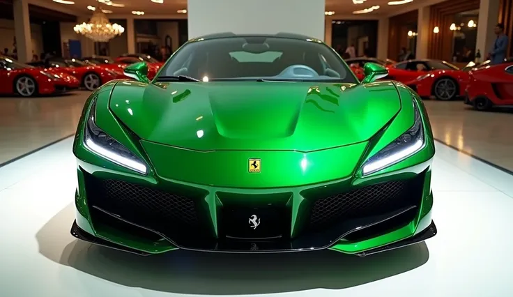 Front bumper view of painted green with shiny clour 2025 Farerri Romasleek in large shape sedan in large size with Ferrari logo on its large detailed grille in shiny white clour with angular sporty design captured from front bumper view with modified sleek...