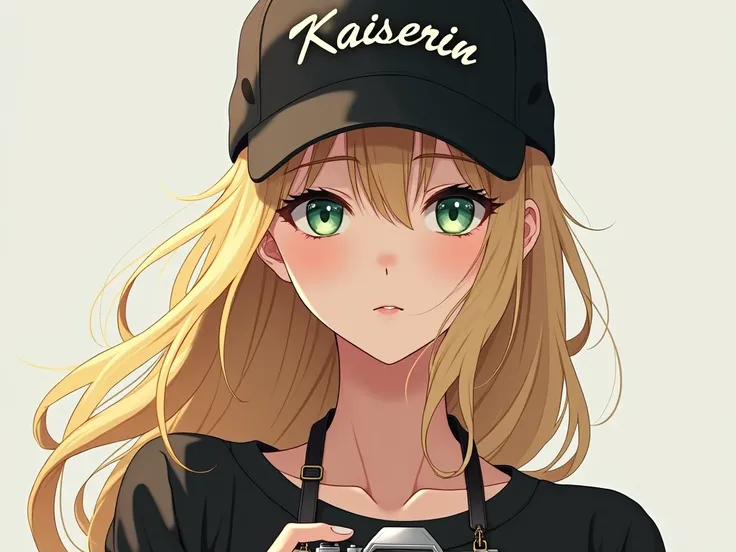 A blonde girl, Beautiful of German features , emerald greyish crystalline green eyes ,  wearing a black sports cap that has KAISERIN , with a camera hanging over his neck, version anime