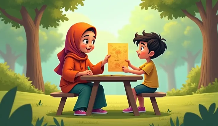 Zainab and Ali are sitting at a picnic table in the park. Zainab is wearing a hijab, and Ali is in a t shirt and shorts.   only Zainab holds up a big piece of paper cartoon type