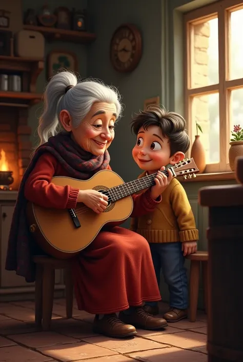 Artems old grandmother is sitting by the stove with a guitar and playing songs for Artem and he sings