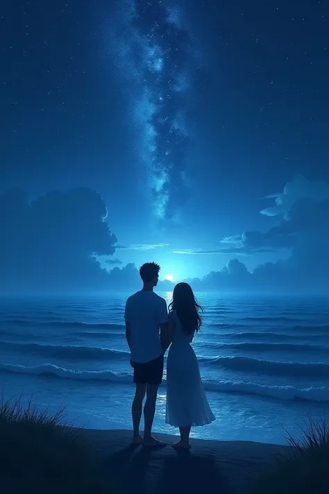 Couple with backwards ocean view at night 