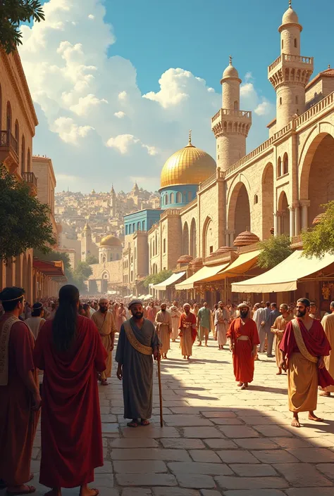  Scenario of peace and prosperity **:  A vibrant illustration of the city of Jerusalem during the reign of Solomon,  with bustling markets , ceremonies ,  and happy citizens celebrating peace and prosperity .