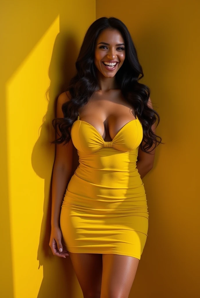 ((crimson yellow theme)), a woman, beautiful:1.4, smiling seductively, attractive, curvy, huge breast:1.4, sagging breast:1.1, yellow dress, dark yellow vampire, smile fangs, hissing,hair(painting:1.2, best quality, hig quality, photo realistic, highres, 4...