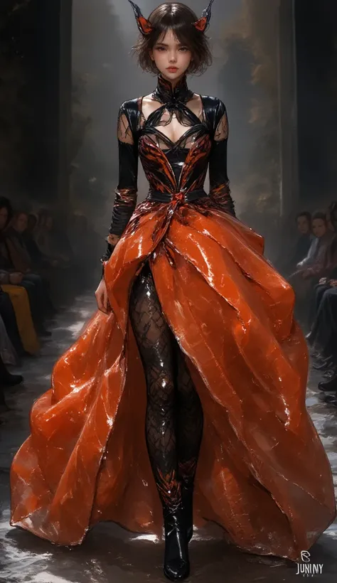 Paris Fashion Week, Scandinavian top model walks the catwalk runway in a food dress from real huge salmon, oil painting, a detailed painting, ink artistic conception, real paint texture, hyper-realistic, depth of field, (full body:1.3), fine facial feature...