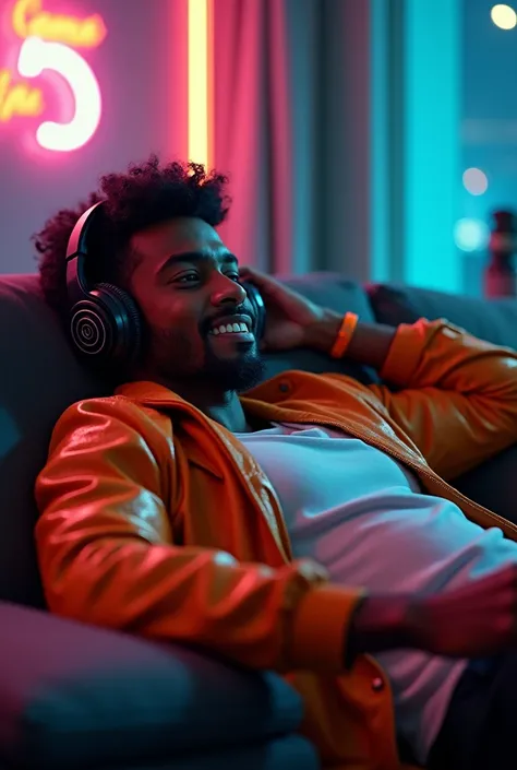 Video game character in shinning orange jacket, an Indian Tamil man in cap and headphones looks sexy hot, playing game sit lying on sofa hot sexy 