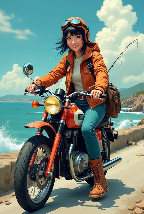 1 Japanese beauty ,  high definition ,  smiles, Messy black hair, shortcuts,  ride fishing tackle on a moped　 helmet 　Vintage goggles 　 flight jacket 　Thermal pants　 boots　sea　Breakwater　 pop art