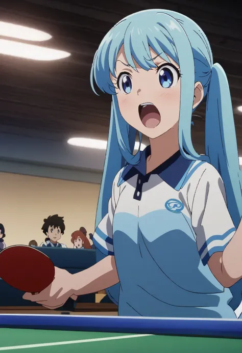 One person playing table tennis at an indoor venue watching by an audience,  light blue long hair、 girl with twin tails 、 close-up、8k!, 4K cartoon wallpaper ,  official artwork,  anime stills featured today,  detailed anime vagina  ,8k!!, Official anime st...