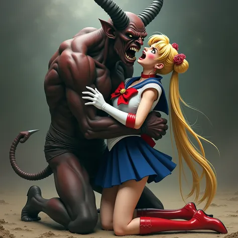 Sailor Moon is captured by a big fierce devil and standing on the dirt, a young woman is wearing a Sailor Moon costume, Being restrained, ((Blue sailor collar, Navy blue short pleated skirt:1.9)), Long white gloves, shiny beige color pantyhose, red high bo...