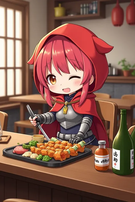  cute CG art 、 the girl is adorable 、 wearing a cute Little Red Riding Hood hat on her head . perfect figure sitting on a counter chair 、Red Hair, There are lots of skewers and bottles of sake on the plate . The girl in Little Red Riding Hood is drinking a...