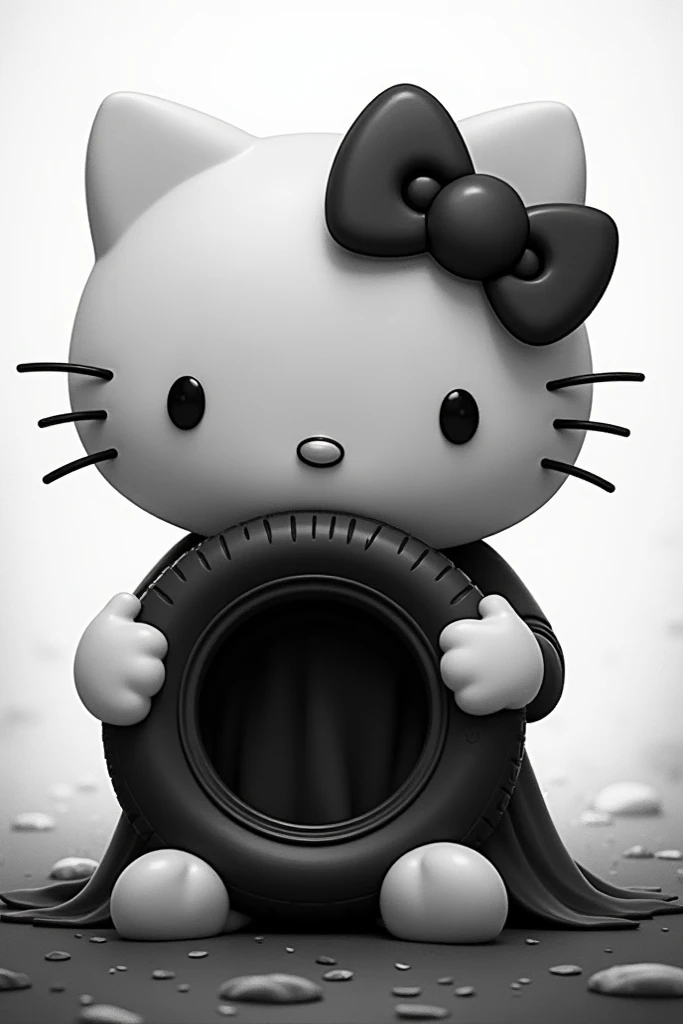 hello kitty triste et seule qui tient une roue de secours en noir et blanc