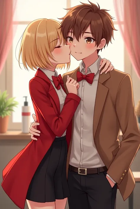 Attractive girl blonde short hair black skirt and red coat and red bow tie ( hair covering your left eye)  kiss a boy on the cheek for Valentines Day  ( black pants, brown jacket and white polo shirt ) 