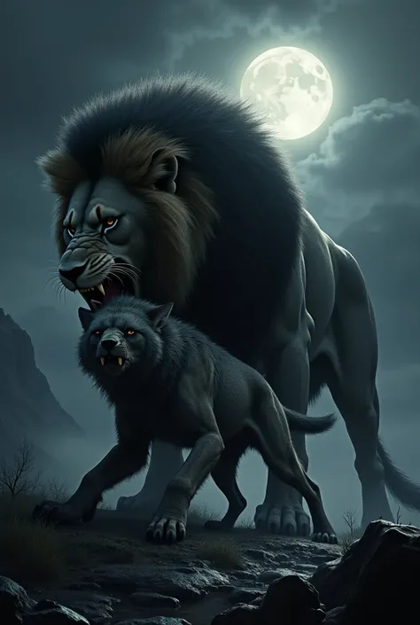 Lion devouring a wolf at night