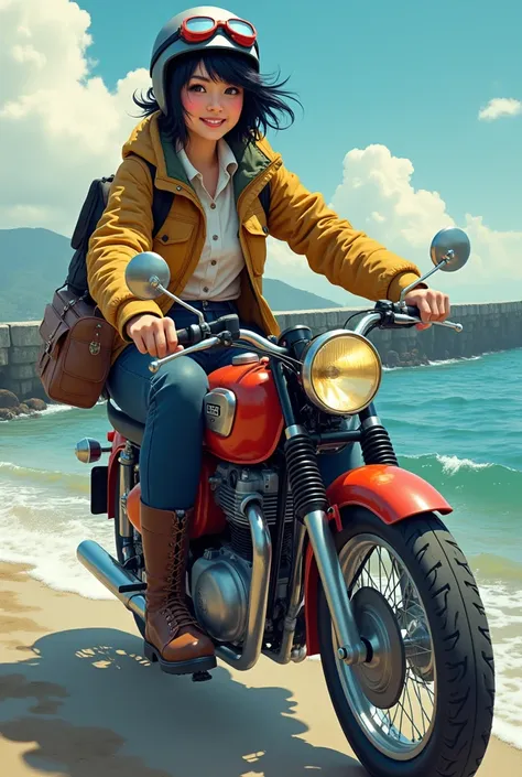 1 Japanese beauty ,  high definition ,  smiles, Messy black hair, shortcuts,  ride fishing tackle on a moped　 helmet 　Vintage goggles 　 flight jacket 　Thermal pants　 boots　sea　Breakwater　 pop art