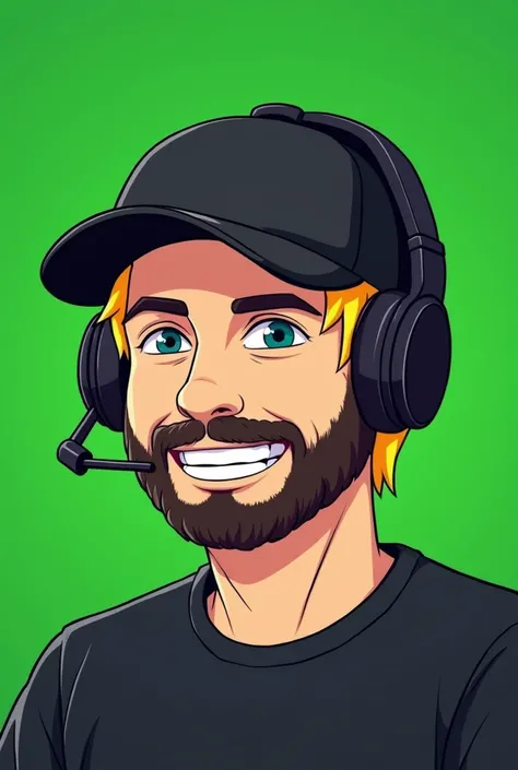 Create a Twitch profile picture of a blonde 25-year-old man with short beard black cap headset on create it in soutpark style on green background with a concentrated but happy look 