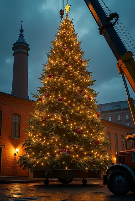 documentary photo, ultra-realistic, photorealistic, dramatic scene, shadow, global-illumination, Gorgeously decorated giant Christmas tree, A huge Christmas tree that lavishly decorated is hoisted by a huge crane, The Christmas tree is loaded onto a truck,...