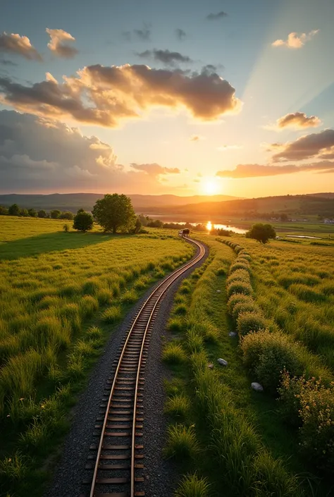 railroad through the green meadow, sunset and beautiful nature with blue sky in background