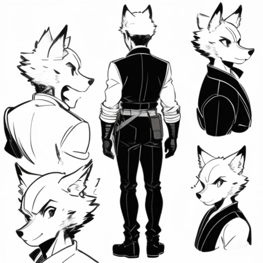 （solo,The Boy with the Wolf Ears model sheet, Characters in the same costume are drawn from a front, back, left, left, right angle),