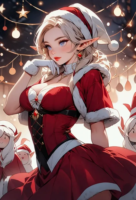 Mrs. Claus, is a vision of mature beauty, with her short white hair framing her face like pure light, though her piercing blue eyes betray a wild, untamed desire. Her lips, a deep cherry red, are curved into a perpetually maniacal grin. Her elf ears pointe...